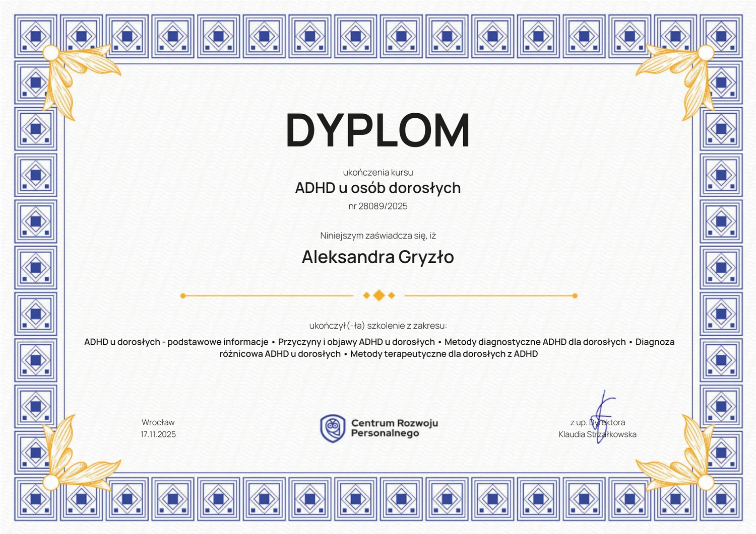 Dyplom kursu ADHD u osób dorosłych