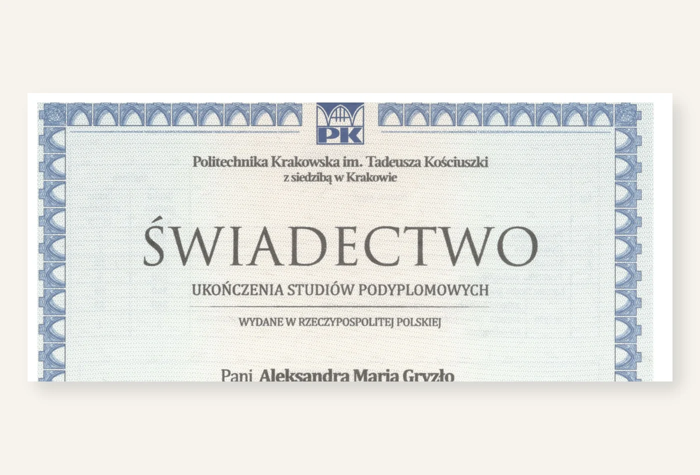Fragment świadectwa studiów podyplomowych