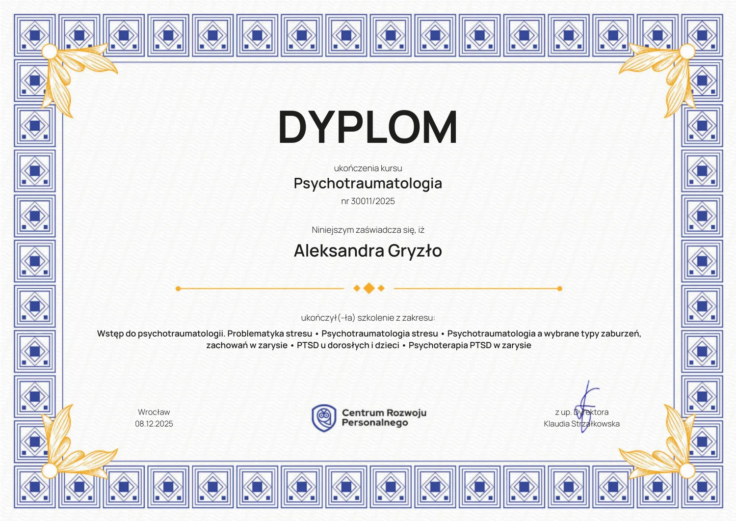 Dyplom kursu Psychotraumatologia