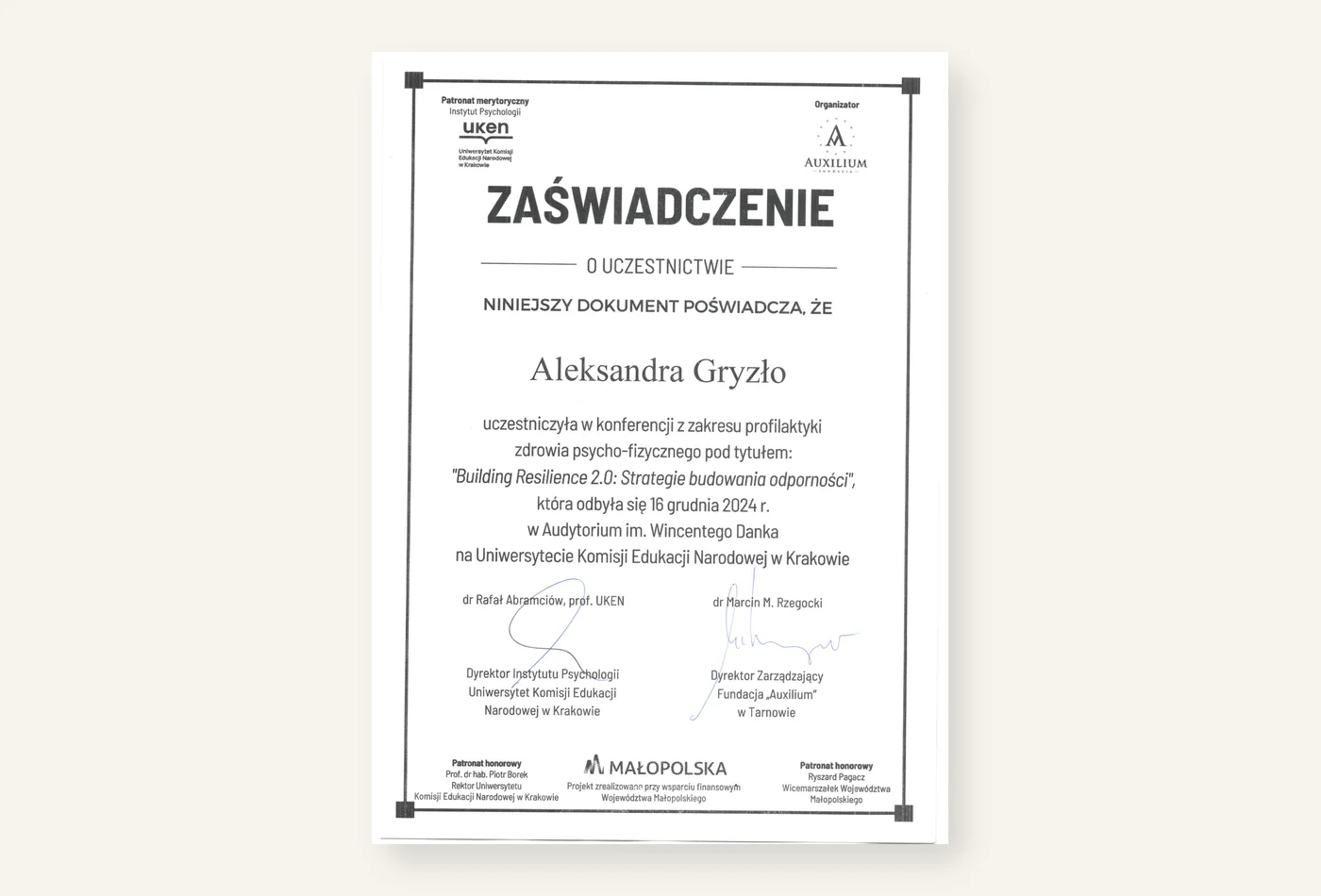 Zaświadczenie z konferencji Building Resilience 2.0